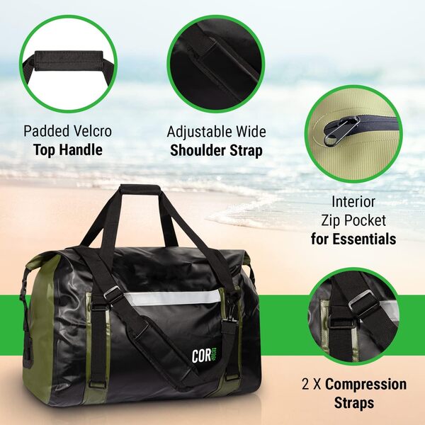 COR Surf Wasserfeste 60L Reisetasche 100% Wasserdichter Drybag | Leicht und Robust (Schwarz und Grün)