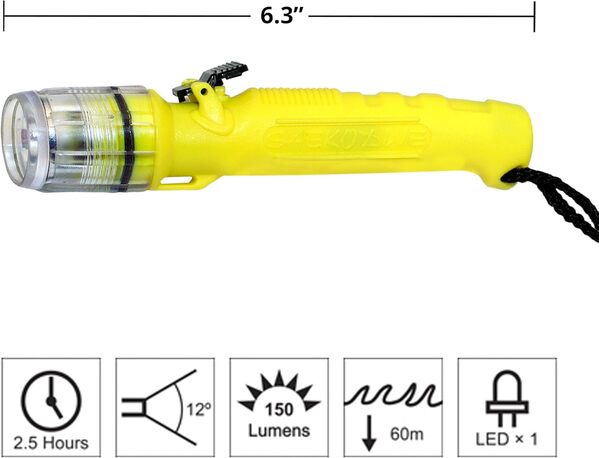 Saekodive Lampe de plongée à LED Lite - 150 lumens - Étanche - Pour activités de plein air - Plongée sous-marine - Technique - Plongée sous-marine - Chasse - Camping - Jaune fluo