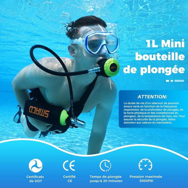 Bouteille de Plongée SMACO 1L pour Plongées en Eaux Peu Profondes, Mini Bouteille de Plongée Permettant Une Respiration de 15-20 Minutes, Idéale pour l'Observation/Photographie/Nettoyage des Fonds