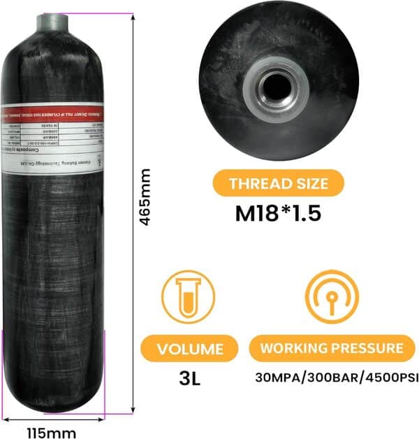 Réservoir de gaz en Fibre de Carbone 3L, Certification CE, 30 CU Ft / 4500 PSI, pour plongée Paintball PCP (Bouteille Vide)