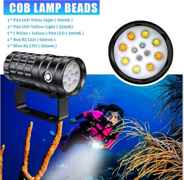 lampe plongée sous marine Torche photo sous-marine, lampe de plongée sous marine super lumineuse 25000 lumens, lampe vidéo sous-marine étanche 100m, éclairage sous-marin professionnel [Classe énergétique A+++]