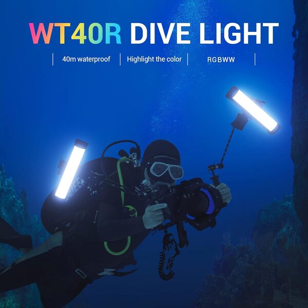 Godox WT40R Lampes de Plongée, Portable Lampes de Plongée, IP68 étanche LED Tube,RGBWW CRI/TLCI 96+,Réglage de Luminosité 0%-100%, pour Lumière d'appoint Prise de Vue sous-Marine, Photographie Vidéo