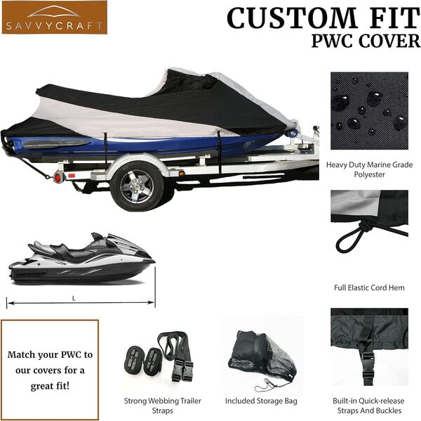 Savvycraft Housse de jet ski remorquable imperméable, ajustement personnalisé pour Sea-Doo GTX 4-TEC Supercharged, Wakeboard gris/noir 2003-2005