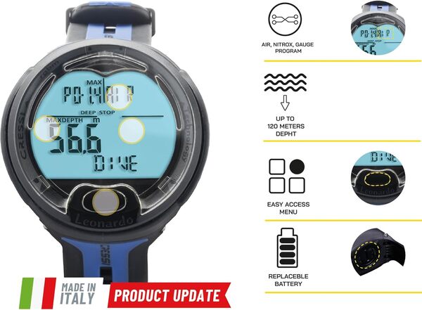 Cressi Leonardo Diving Computer - Ordinateur de Plongée Air/Nitrox,Mode de mesure de la profondeur, Taille Unique, Adulte unisexe