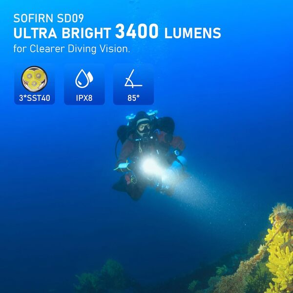 Sofirn SD09 Lampe de poche de plongée 3400 lumens élevés, lumière sous-marine LED super lumineuse avec puissance rechargeable, étanche IPX8 (SD09)