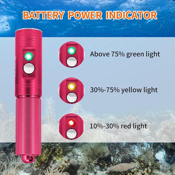 ARCHON Lampe de poche de plongée sous-marine 1200 lumens étanche avec indicateur d'alimentation, faisceau étroit et chargeur USB, lampe de poche rouge pour éclairage sous-marin
