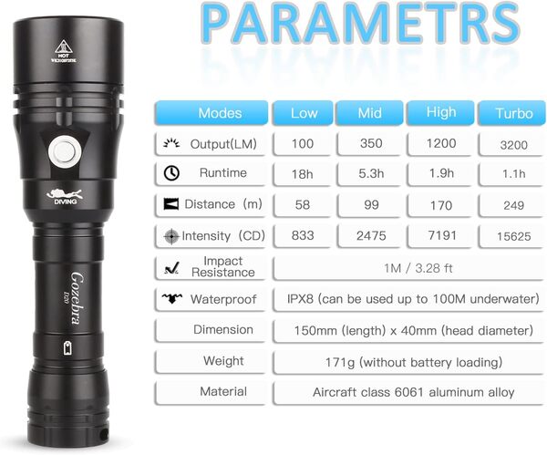 Lampe de poche de plongée, rechargeable, lampe de plongée LED super lumineuse 3600 lumens, lampe de plongée sous-marine, lampe de plongée étanche IPX-8, 3 modes avec batterie rechargeable 18650