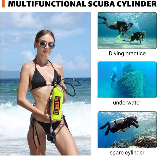 SMACO Bouteille de Plongée pour Respirer Profondeur de 10m, Peut Fournir 15-20 Minutes de Mini Cylindre de Plongée sous-Marine, Capacité 1L, Peut comme Cylindre de Rechange, Pression maximale 3000Psi