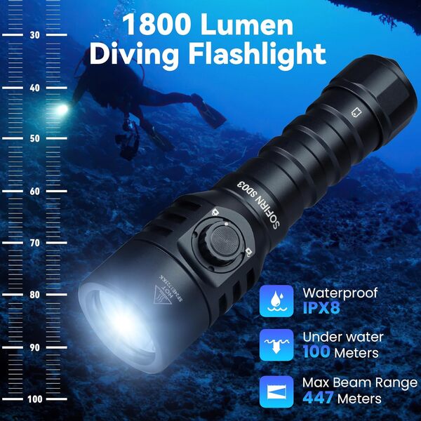 Sofirn SD03 Lampe de plongée 1 800 lumens, étanche IP68 avec batterie rechargeable et chargeur, lumière de plongée professionnelle résistante à une pression sous-marine de 100 m pour une sécurité